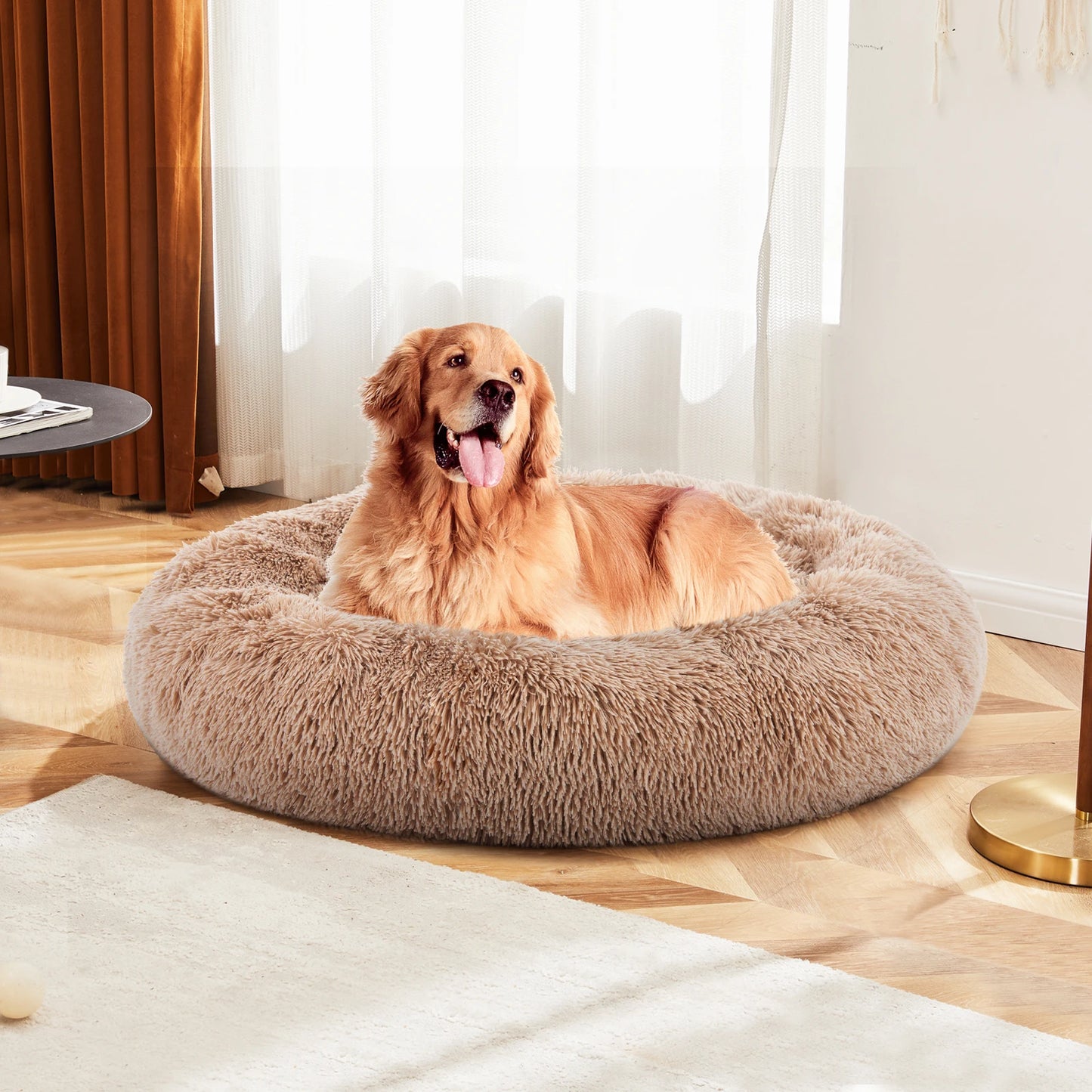round Faux Fur Plush Dog Bed Anti-Slip Bed Machine Washable Cuddler Warming Cozy Fluffy Faux Fur Plush round Pet Bed for Indoor