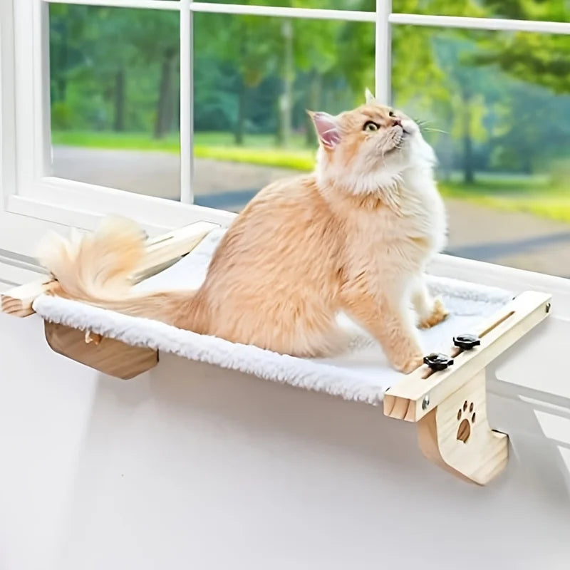 Wooden Cat Window Perch | Cozy Window Hammock for Indoor Cats