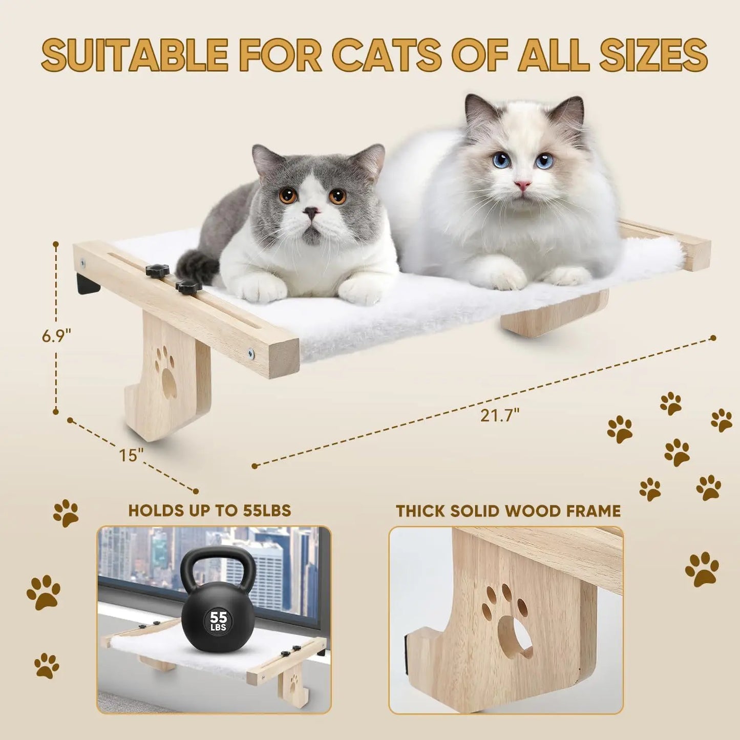 Wooden Cat Window Perch | Cozy Window Hammock for Indoor Cats