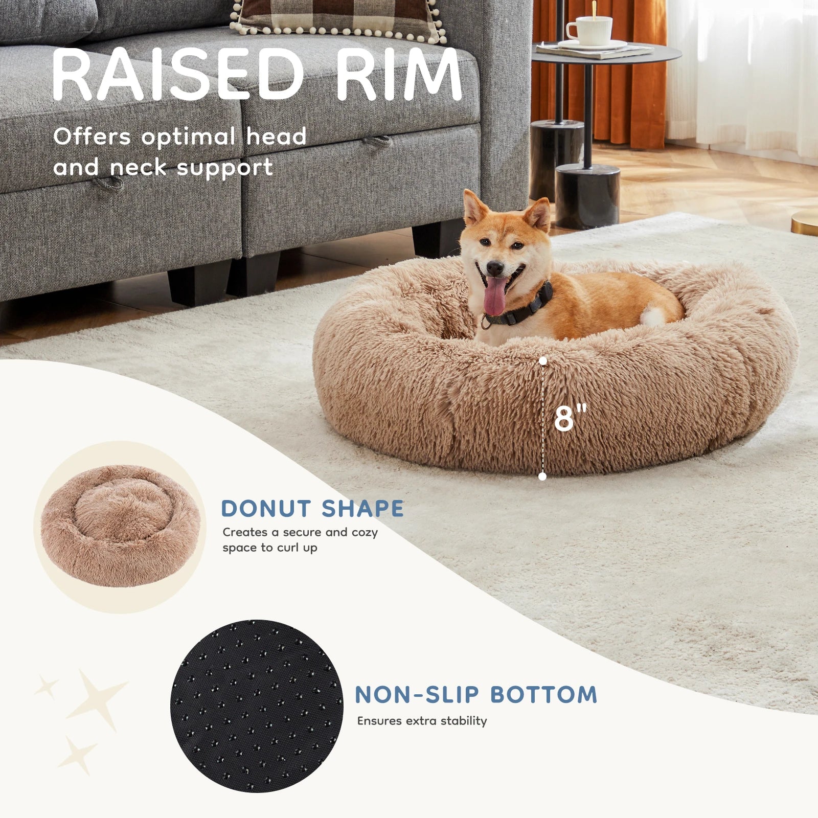 round Faux Fur Plush Dog Bed Anti-Slip Bed Machine Washable Cuddler Warming Cozy Fluffy Faux Fur Plush round Pet Bed for Indoor