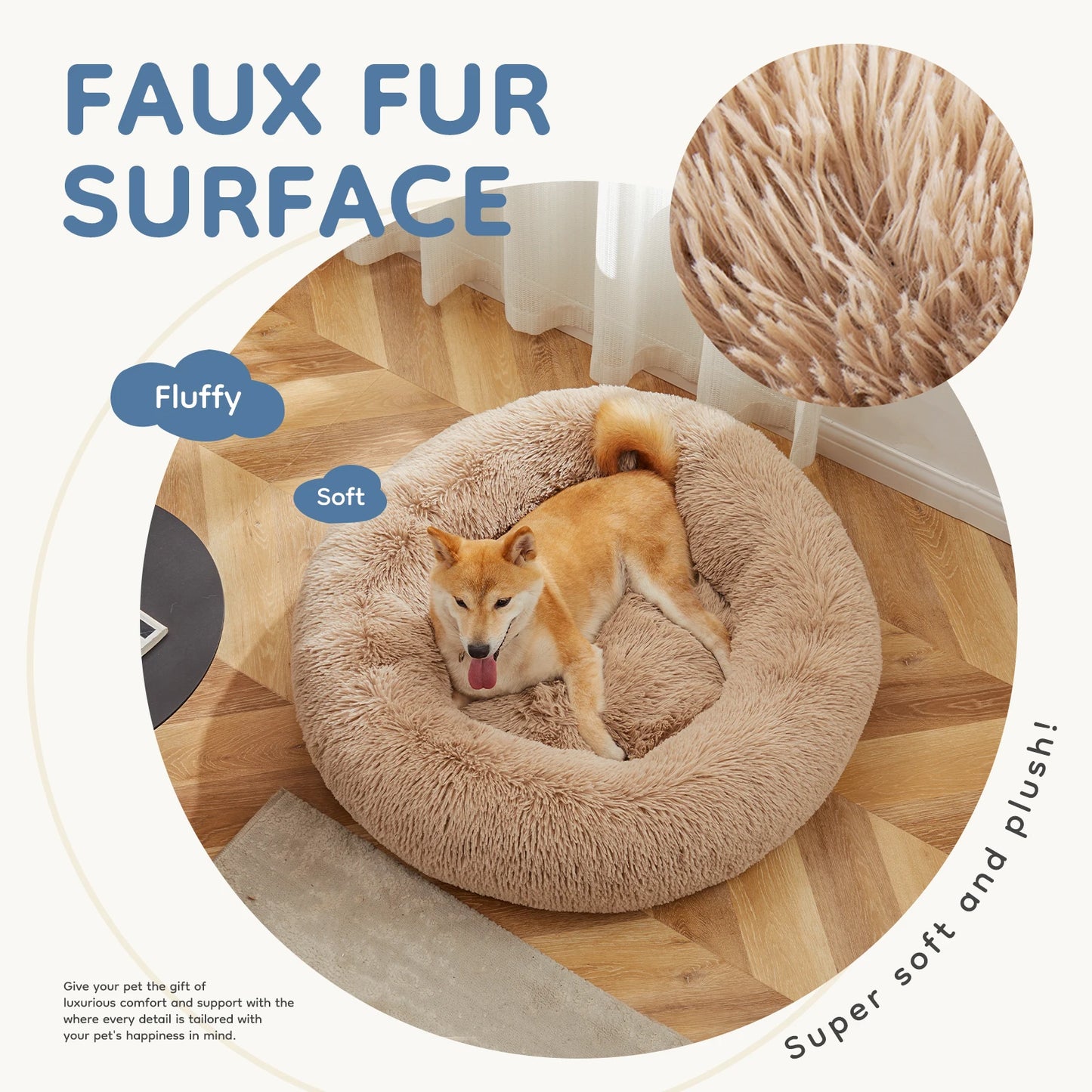 round Faux Fur Plush Dog Bed Anti-Slip Bed Machine Washable Cuddler Warming Cozy Fluffy Faux Fur Plush round Pet Bed for Indoor