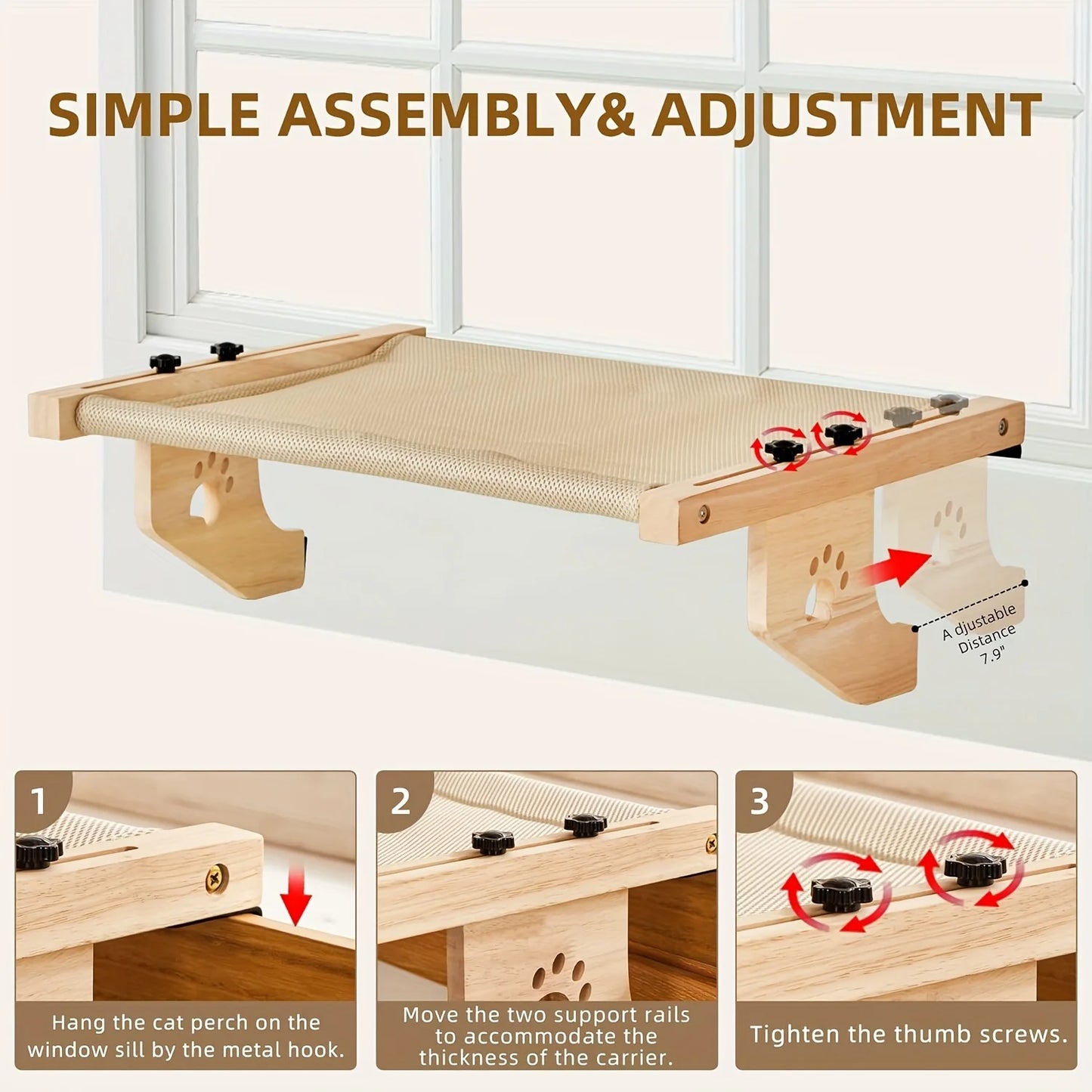 Wooden Cat Window Perch | Cozy Window Hammock for Indoor Cats