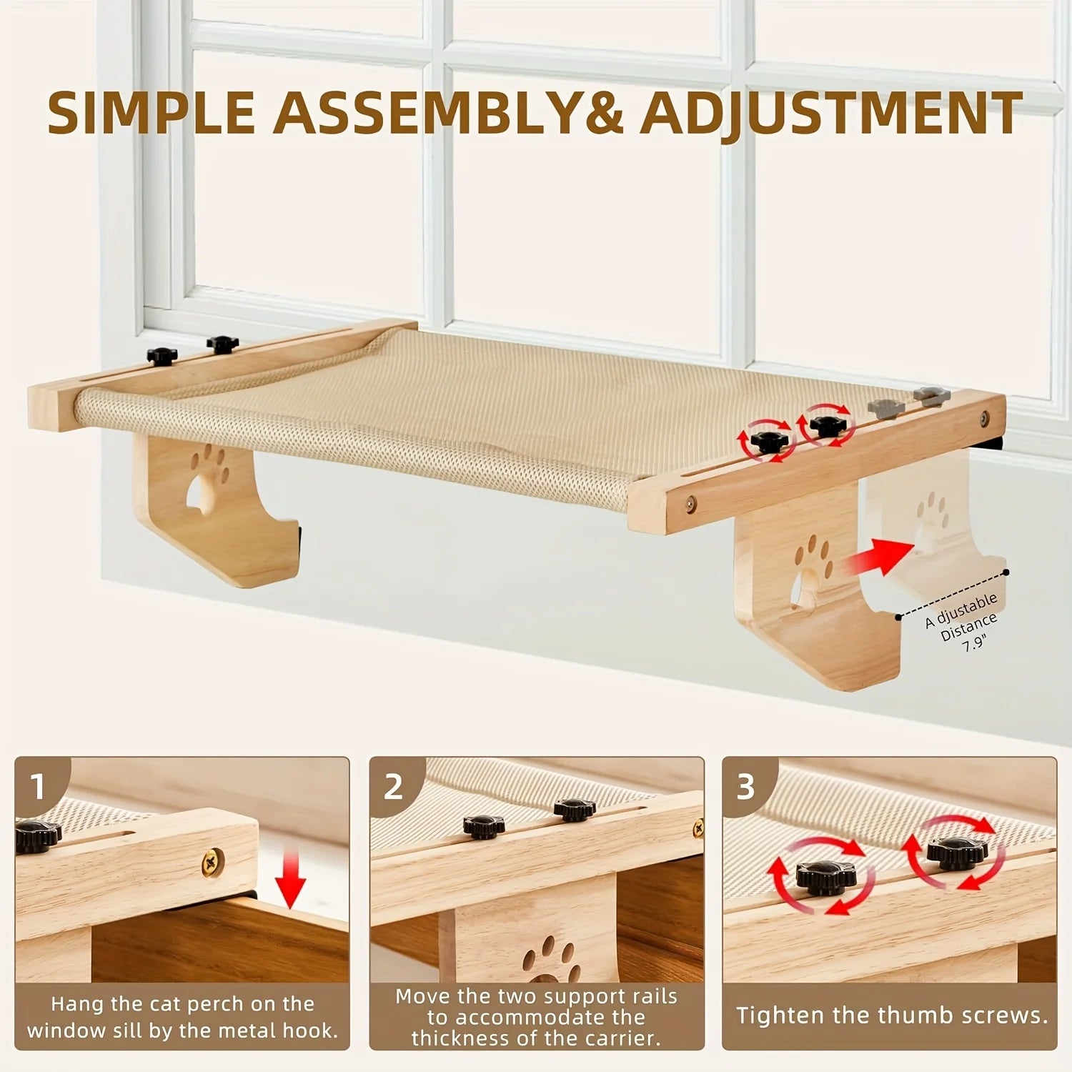 Wooden Cat Window Perch | Cozy Window Hammock for Indoor Cats