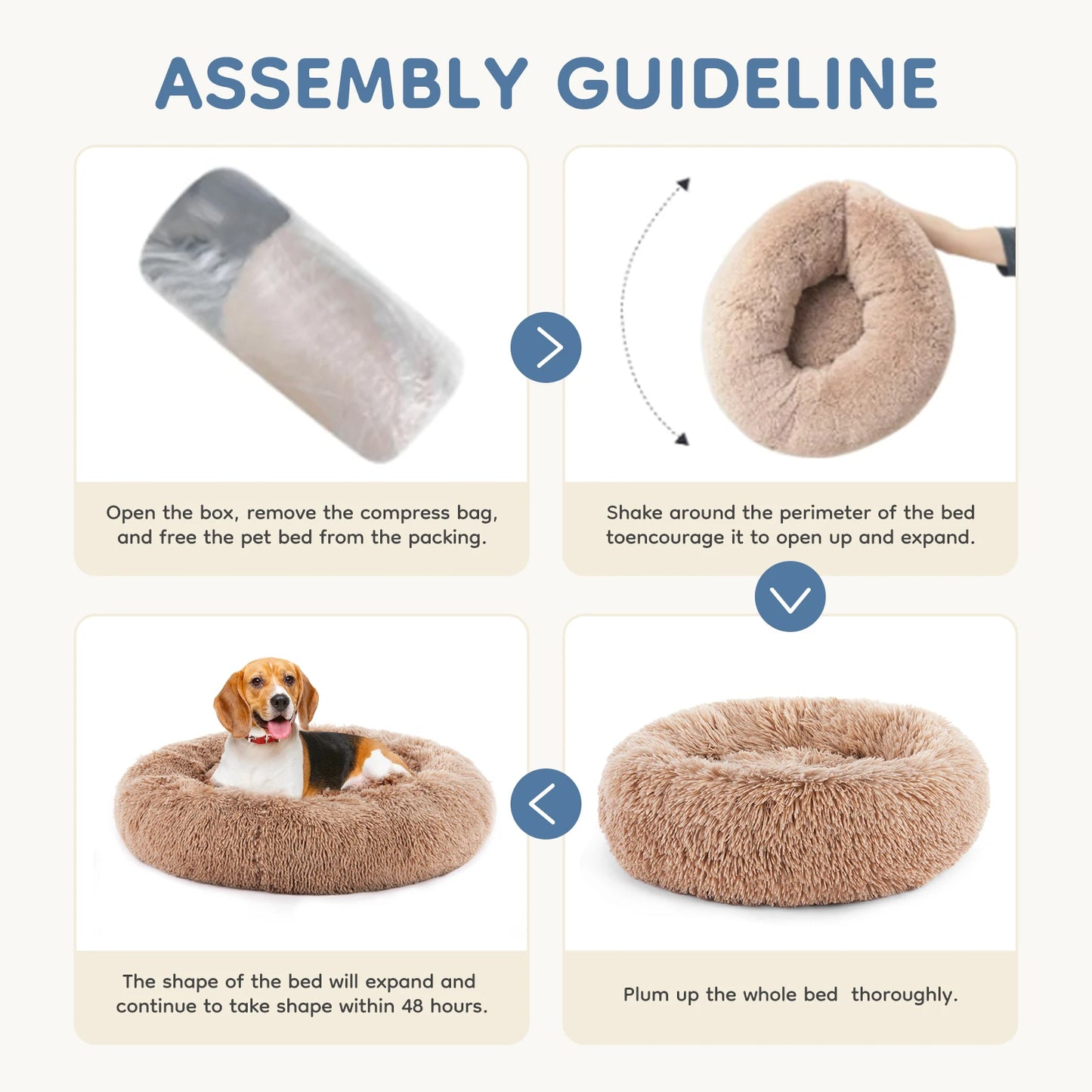 round Faux Fur Plush Dog Bed Anti-Slip Bed Machine Washable Cuddler Warming Cozy Fluffy Faux Fur Plush round Pet Bed for Indoor